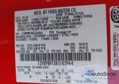 2011 Ford Mustang Gt Premium из США, поврежденный, VIN 1ZVBP8FF3B5103964